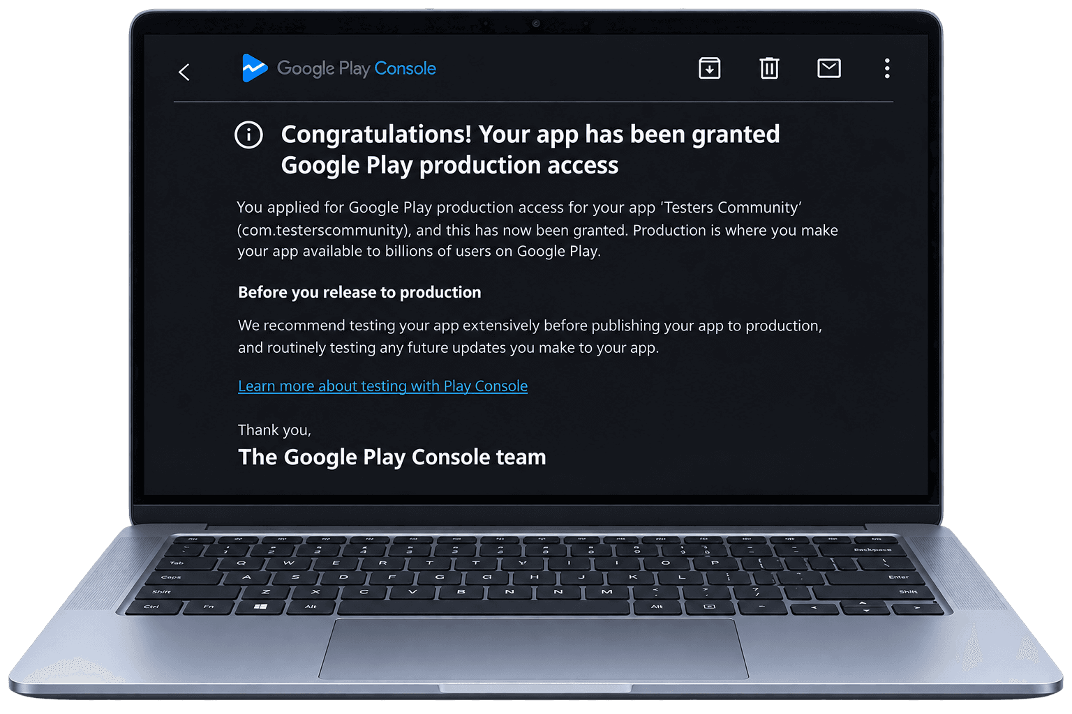 Laptop showing the Google Play Console email: your app has been granted production access