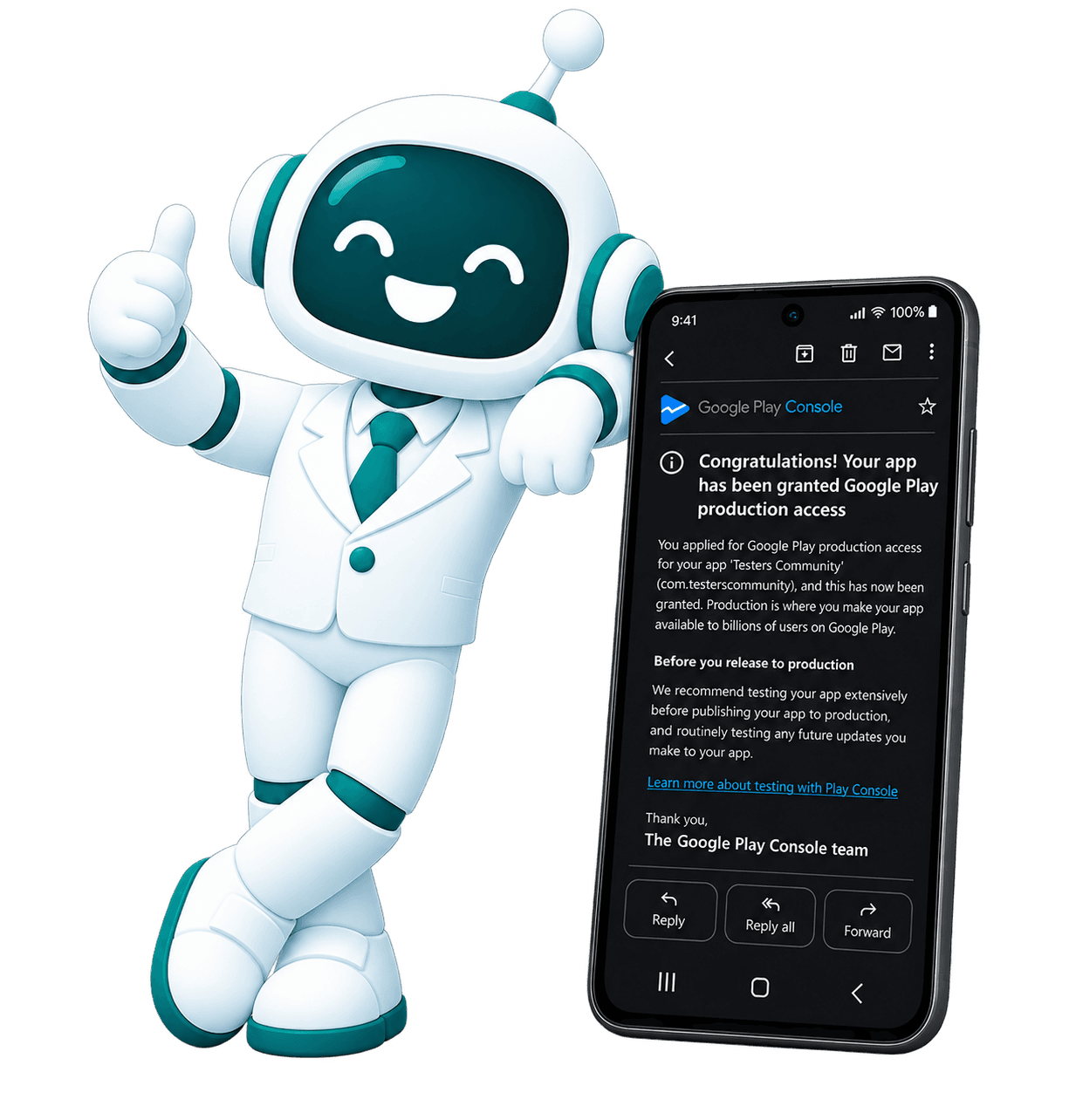 PassTesters mascot giving a thumbs up next to a phone showing the production access approval email